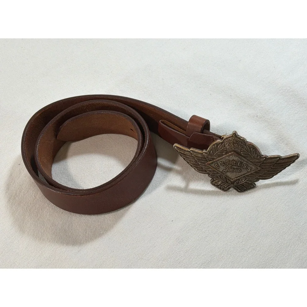 Express Jeans Vintage Brown Leather Belt Winged Crest Buckle Womens Medium